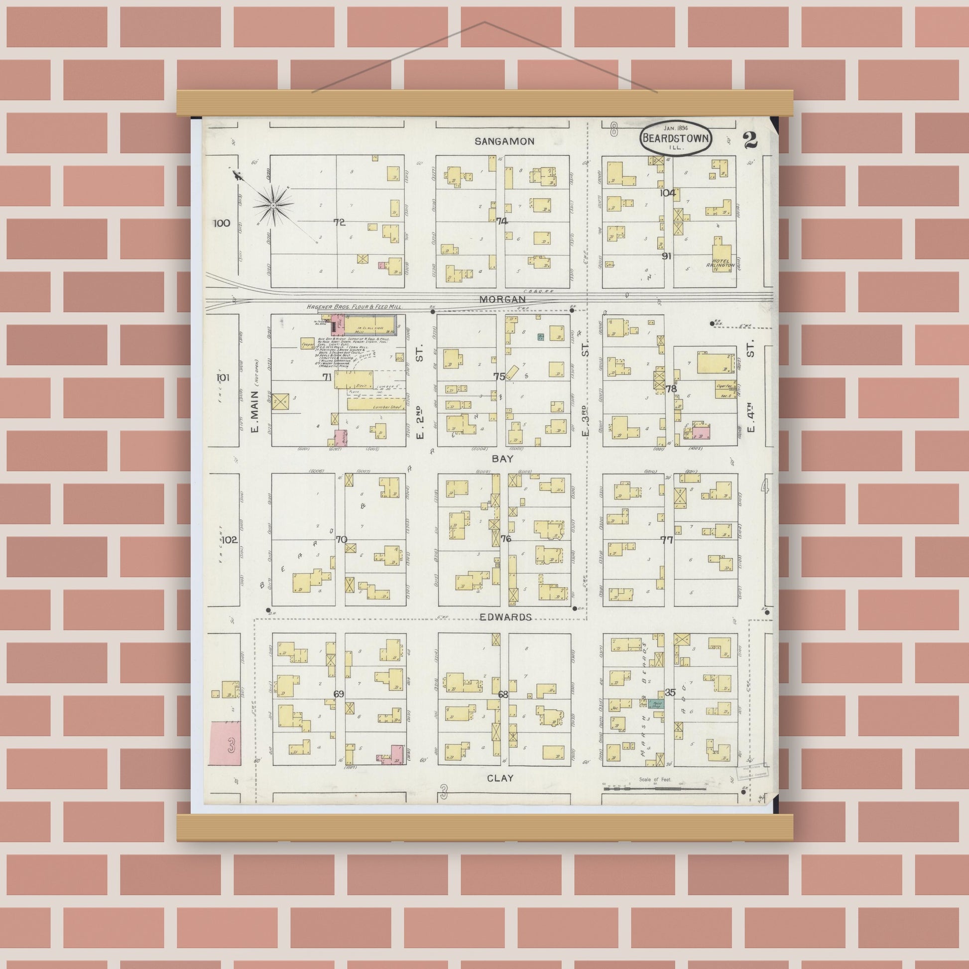 Old map wall art mockup — magnetic wood frame on brick wall — Sanborn Fire Insurance Map from Beardstown, Cass County, Illinois (1894), Sheet #0002
