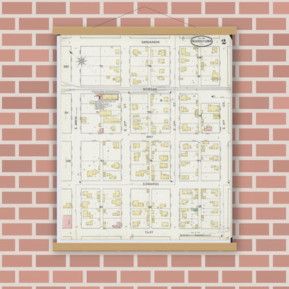 Old map wall art mockup — magnetic wood frame on brick wall — Sanborn Fire Insurance Map from Beardstown, Cass County, Illinois (1894), Sheet #0002