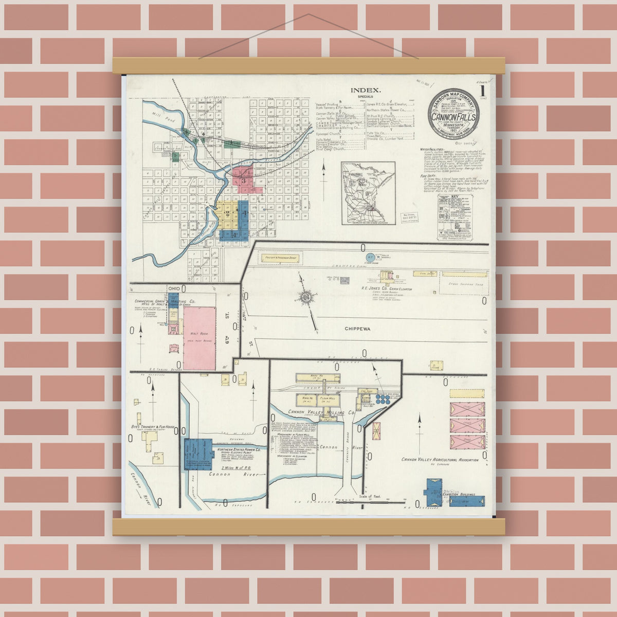 Old map wall art mockup — magnetic wood frame on brick wall — Sanborn Fire Insurance Map from Cannon Falls, Goodhue County, Minnesota (1921), Sheet #0001