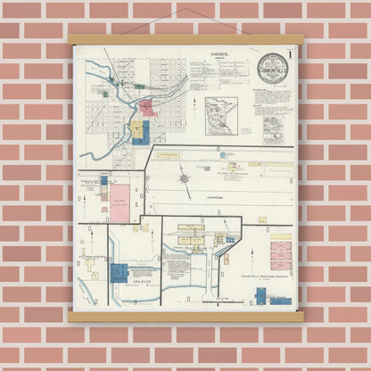 Old map wall art mockup — magnetic wood frame on brick wall — Sanborn Fire Insurance Map from Cannon Falls, Goodhue County, Minnesota (1921), Sheet #0001