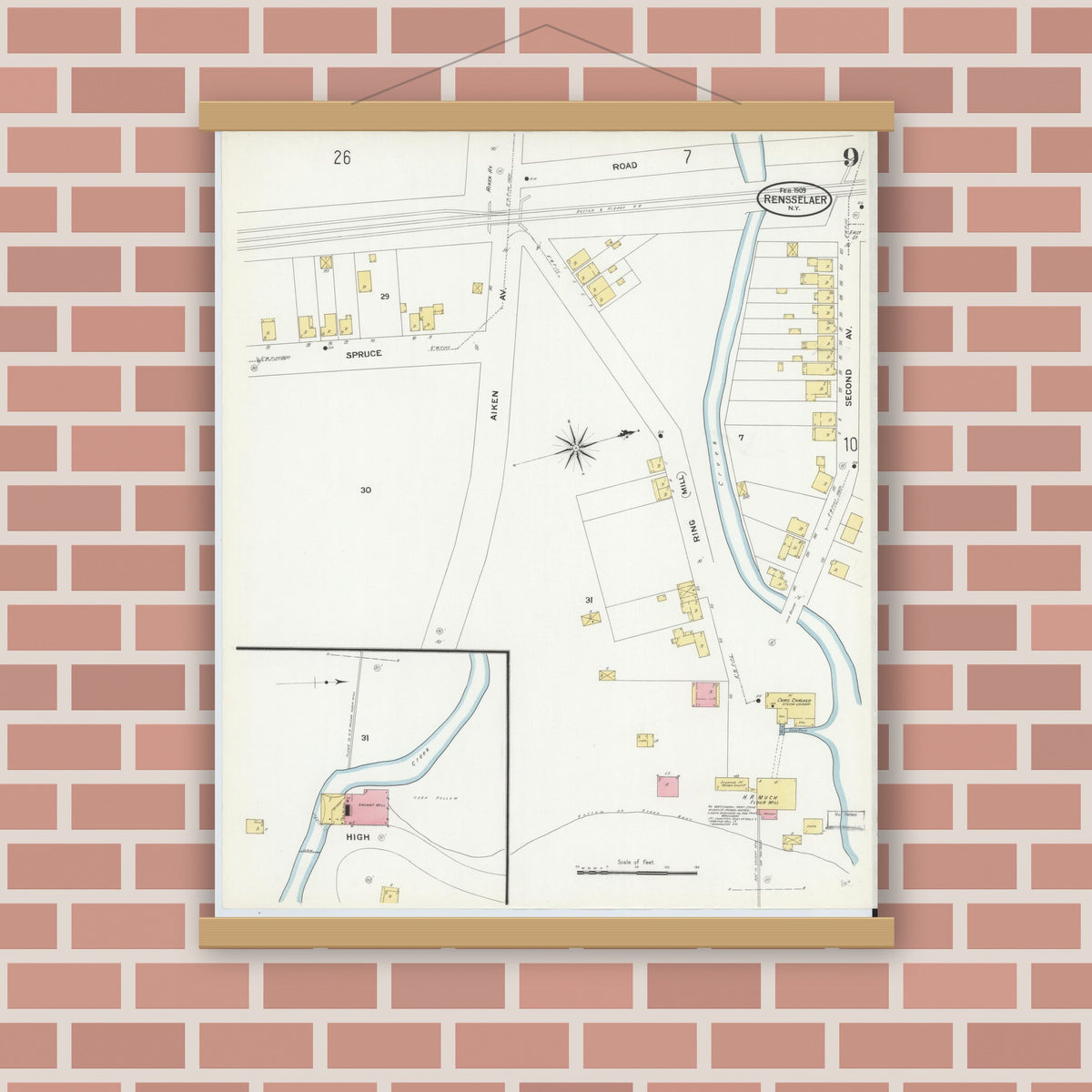 Old map wall art mockup — magnetic wood frame on brick wall — Sanborn Fire Insurance Map from Rensselaer, Rensselaer County, New York (1909), Sheet #0009