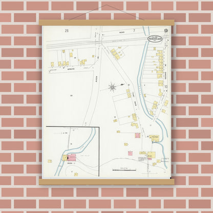 Old map wall art mockup — magnetic wood frame on brick wall — Sanborn Fire Insurance Map from Rensselaer, Rensselaer County, New York (1909), Sheet #0009