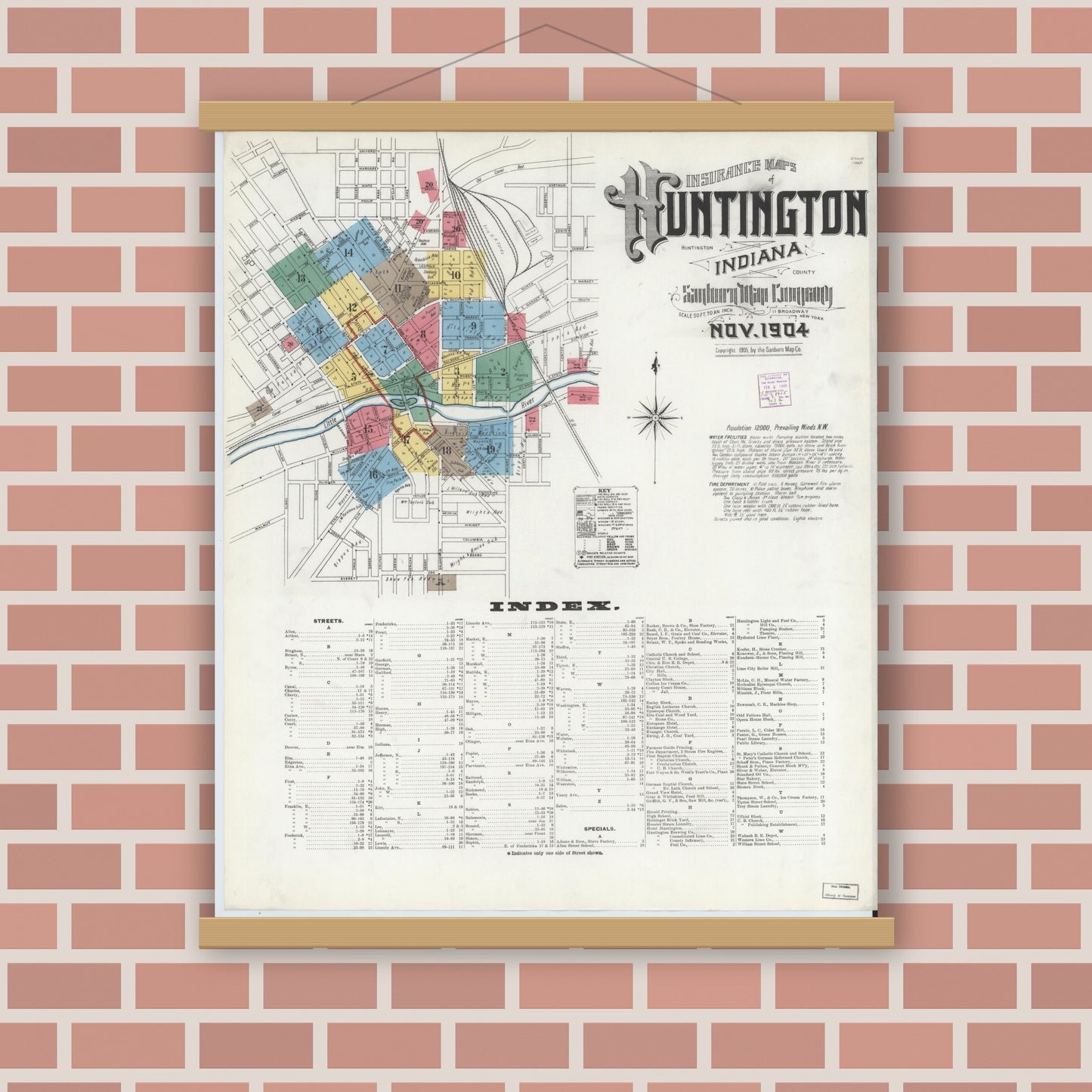 Old map wall art mockup — magnetic wood frame on brick wall — Sanborn Fire Insurance Map from Huntington, Huntington County, Indiana (1904), Sheet #0001
