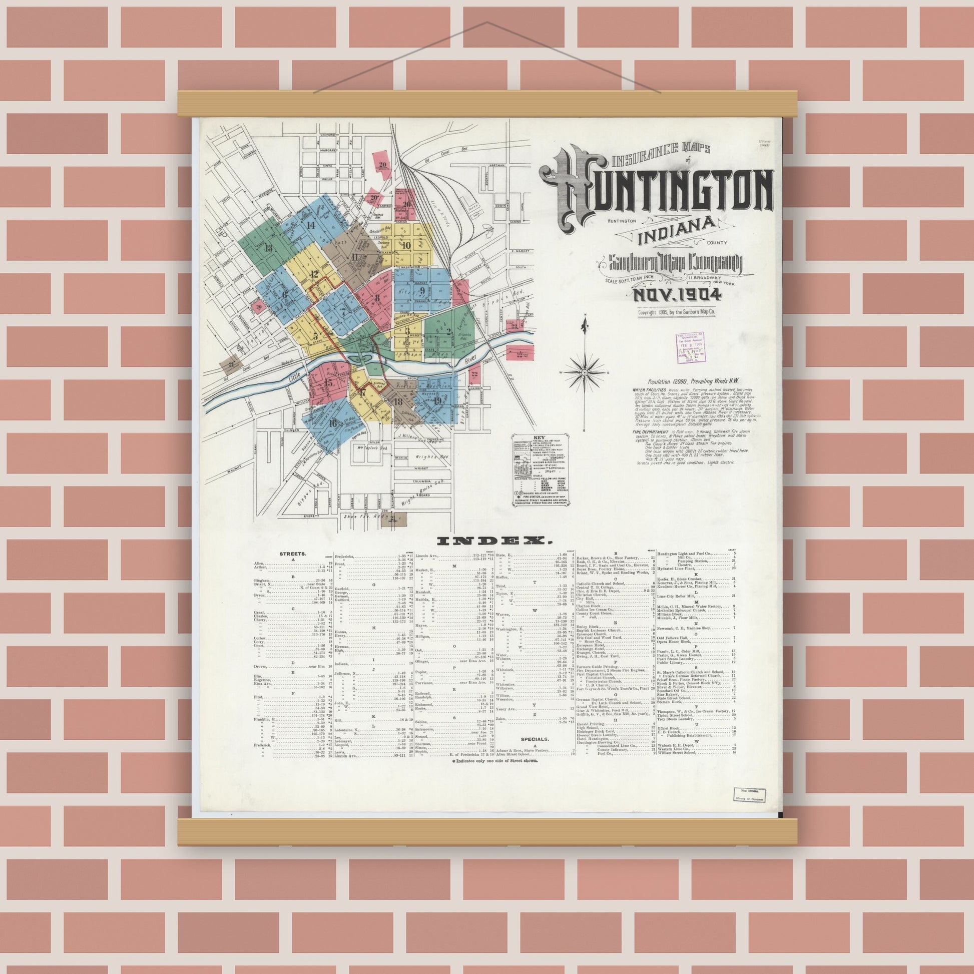 Old map wall art mockup — magnetic wood frame on brick wall — Sanborn Fire Insurance Map from Huntington, Huntington County, Indiana (1904), Sheet #0001