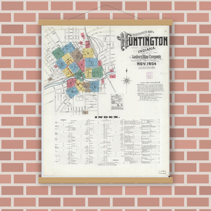 Old map wall art mockup — magnetic wood frame on brick wall — Sanborn Fire Insurance Map from Huntington, Huntington County, Indiana (1904), Sheet #0001