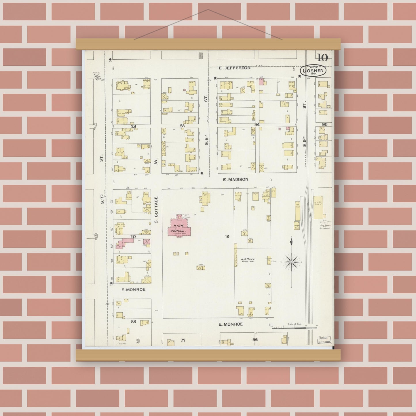 Old map wall art mockup — magnetic wood frame on brick wall — Sanborn Fire Insurance Map from Goshen, Elkhart County, Indiana (1892), Sheet #0010