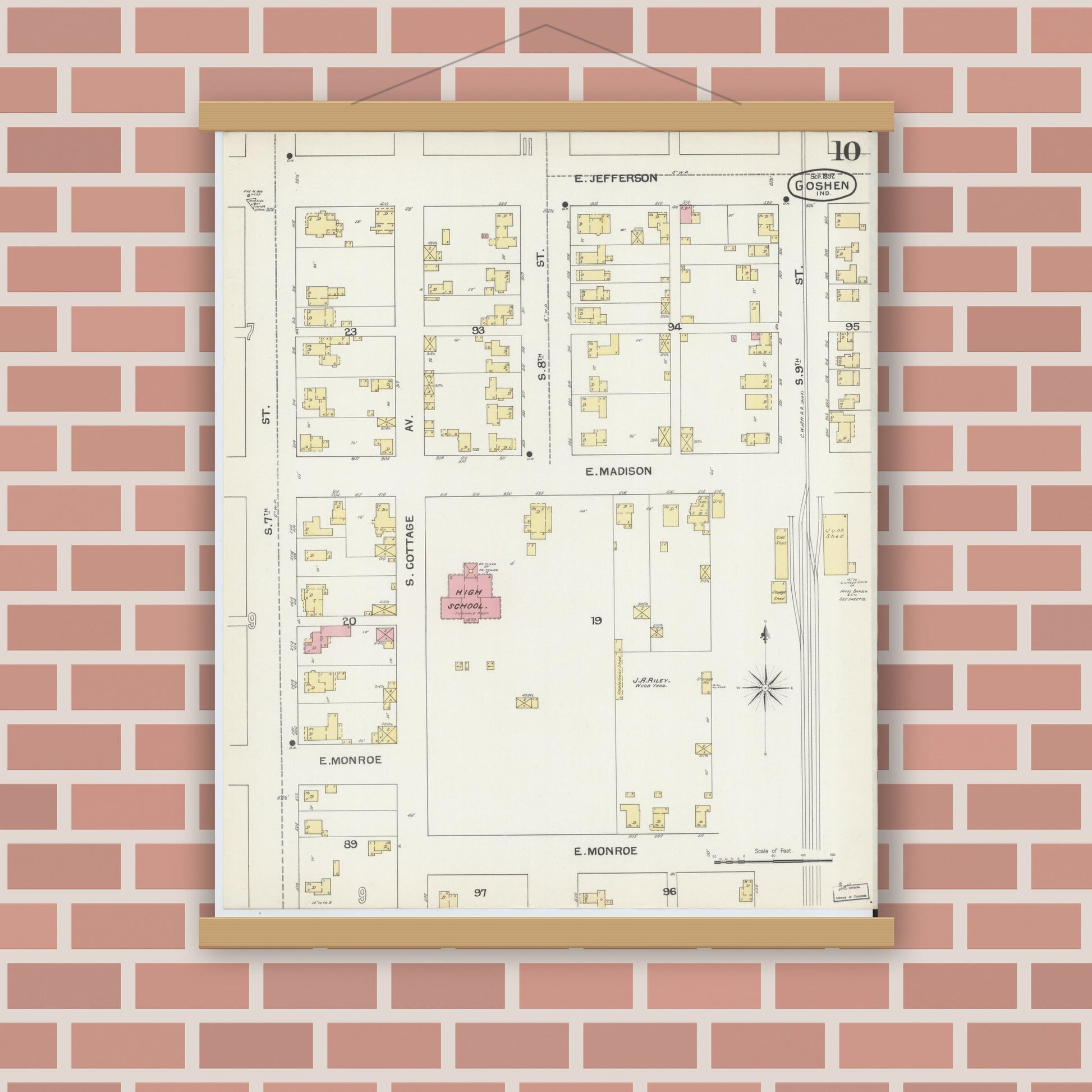 Old map wall art mockup — magnetic wood frame on brick wall — Sanborn Fire Insurance Map from Goshen, Elkhart County, Indiana (1892), Sheet #0010
