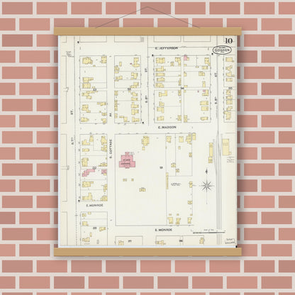 Old map wall art mockup — magnetic wood frame on brick wall — Sanborn Fire Insurance Map from Goshen, Elkhart County, Indiana (1892), Sheet #0010