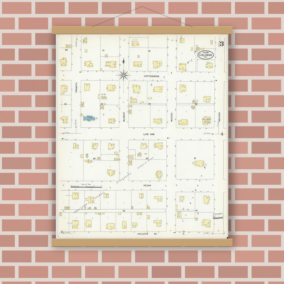 Old map wall art mockup — magnetic wood frame on brick wall — Sanborn Fire Insurance Map from Coleman, Coleman County, Texas (1909), Sheet #0003