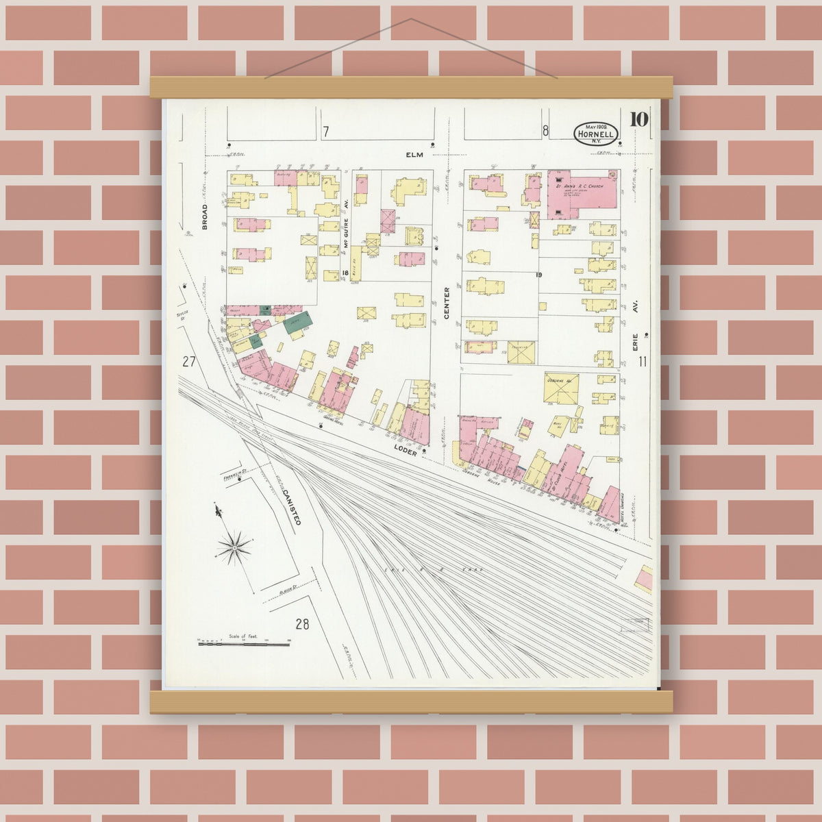 Old map wall art mockup — magnetic wood frame on brick wall — Sanborn Fire Insurance Map from Hornell, Steuben County, New York (1909), Sheet #0010