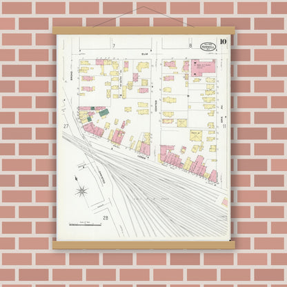 Old map wall art mockup — magnetic wood frame on brick wall — Sanborn Fire Insurance Map from Hornell, Steuben County, New York (1909), Sheet #0010