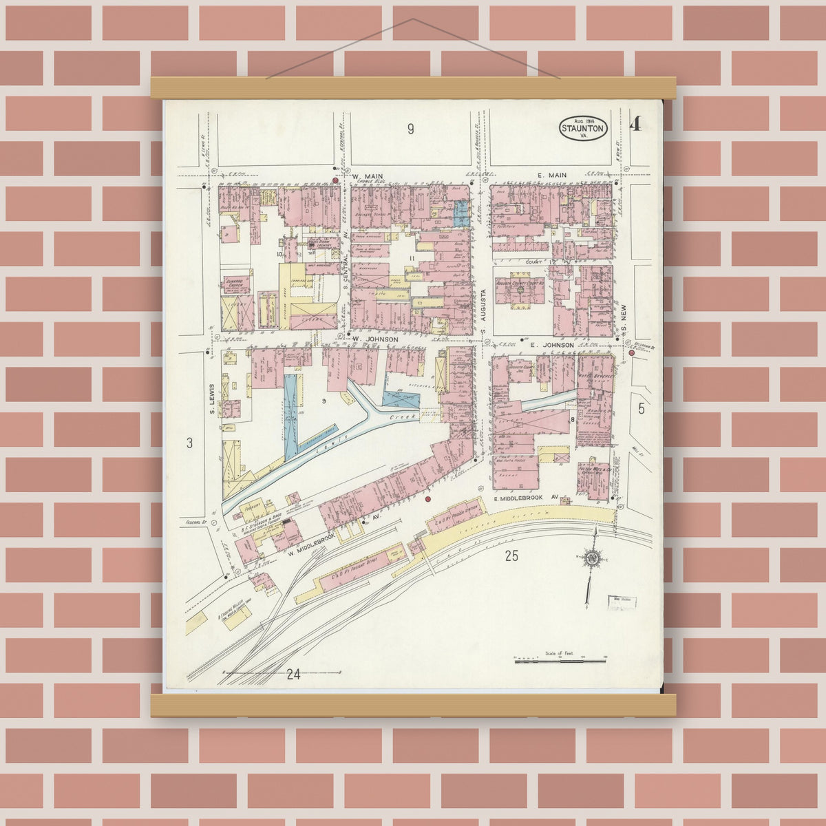 Old map wall art mockup — magnetic wood frame on brick wall — Sanborn Fire Insurance Map from Staunton, Independent Cities, Virginia (1914), Sheet #0004