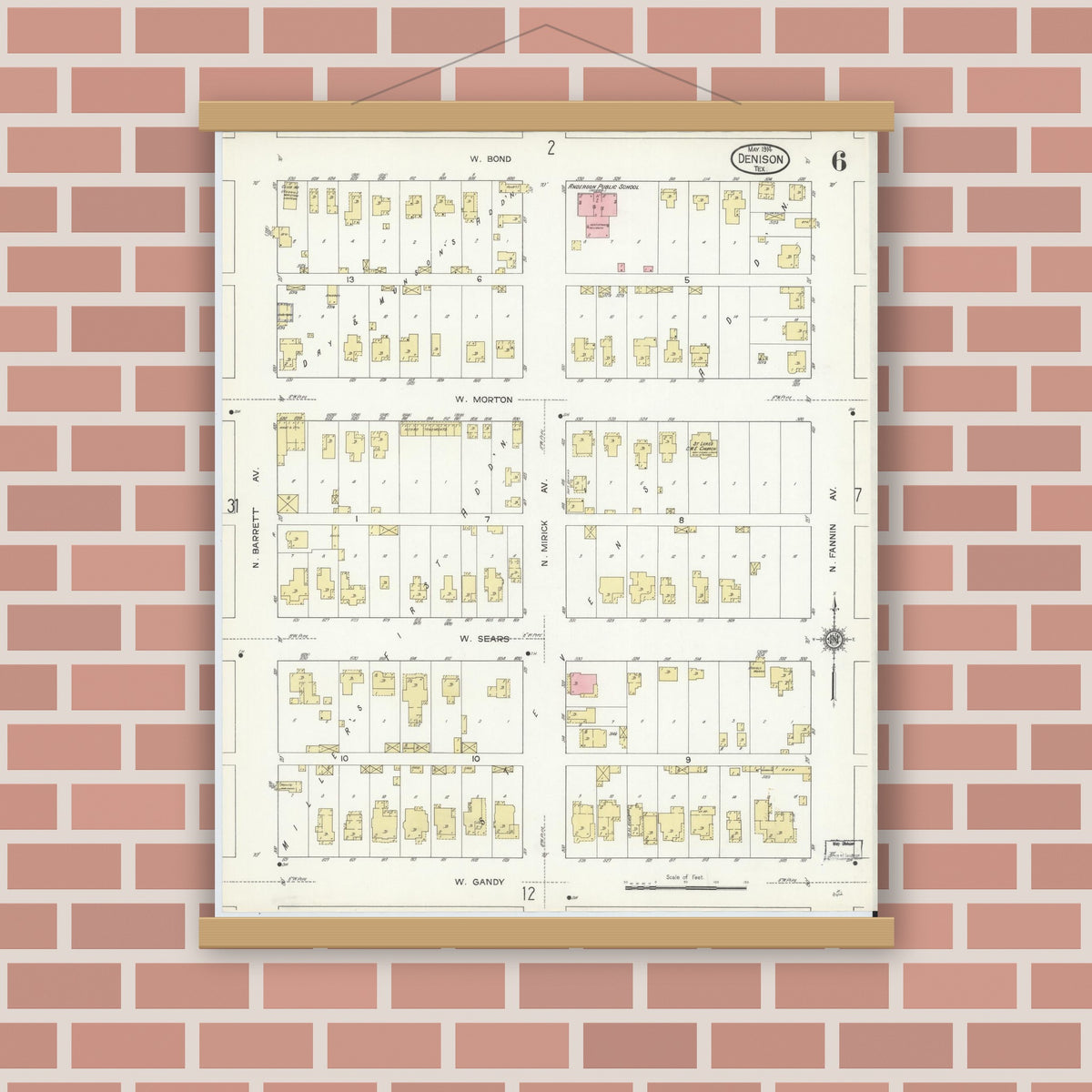 Old map wall art mockup — magnetic wood frame on brick wall — Sanborn Fire Insurance Map from Denison, Grayson County, Texas (1914), Sheet #0006
