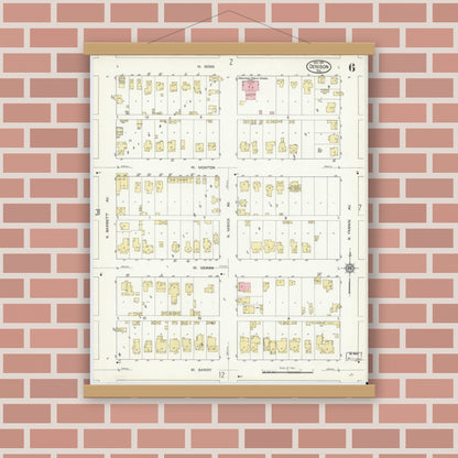 Old map wall art mockup — magnetic wood frame on brick wall — Sanborn Fire Insurance Map from Denison, Grayson County, Texas (1914), Sheet #0006