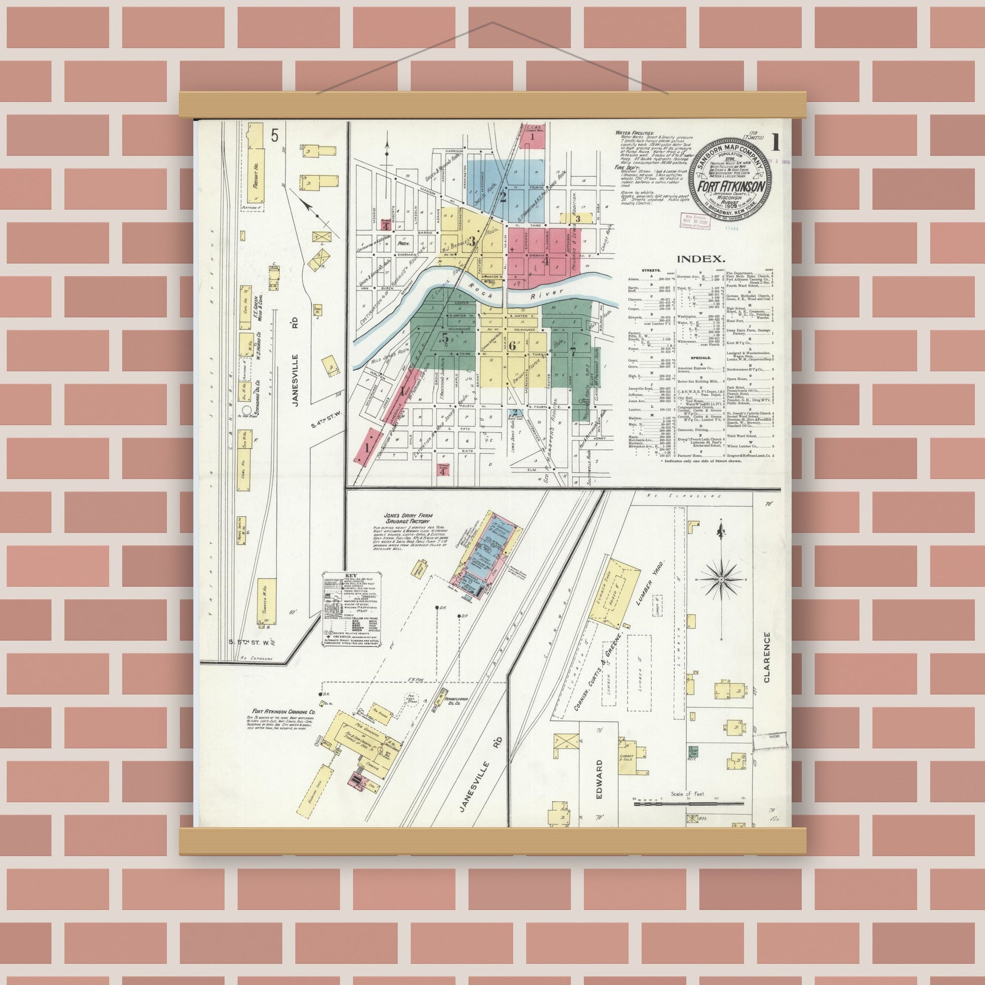 Old map wall art mockup — magnetic wood frame on brick wall — Sanborn Fire Insurance Map from Fort Atkinson, Jefferson County, Wisconsin (1909), Sheet #0001
