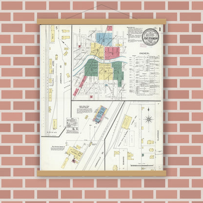 Old map wall art mockup — magnetic wood frame on brick wall — Sanborn Fire Insurance Map from Fort Atkinson, Jefferson County, Wisconsin (1909), Sheet #0001