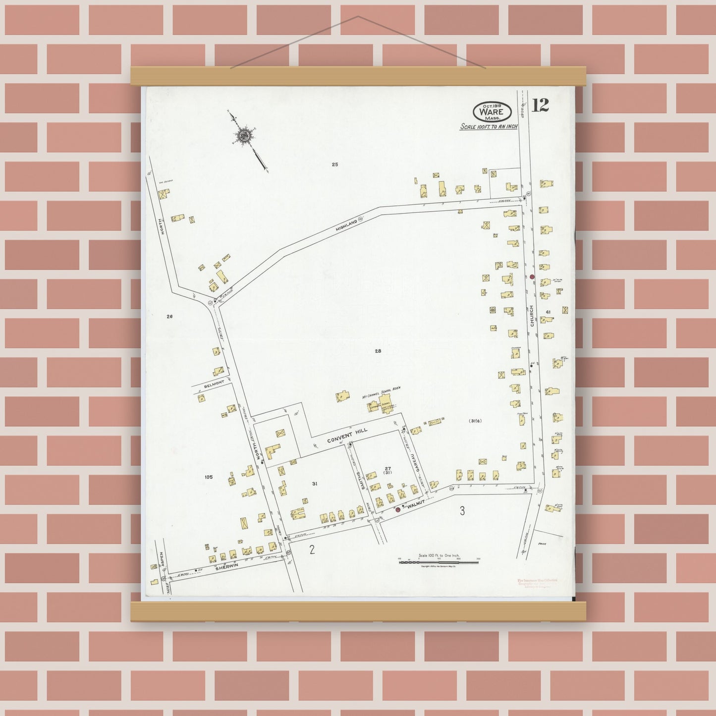 Old map wall art mockup — magnetic wood frame on brick wall — Sanborn Fire Insurance Map from Ware, Hampshire County, Massachusetts (1919), Sheet #0012