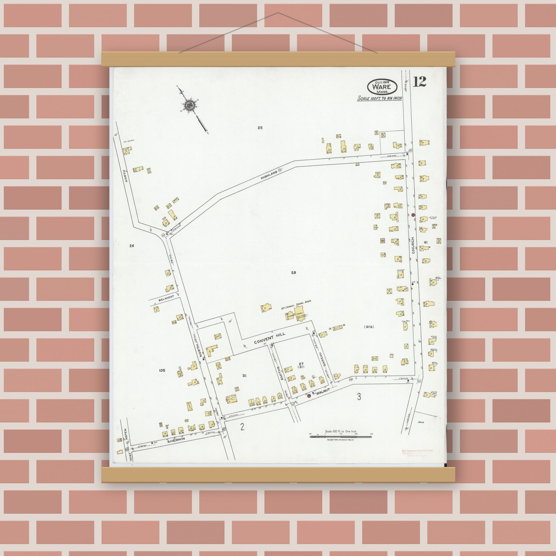 Old map wall art mockup — magnetic wood frame on brick wall — Sanborn Fire Insurance Map from Ware, Hampshire County, Massachusetts (1919), Sheet #0012