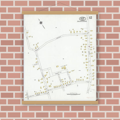 Old map wall art mockup — magnetic wood frame on brick wall — Sanborn Fire Insurance Map from Ware, Hampshire County, Massachusetts (1919), Sheet #0012