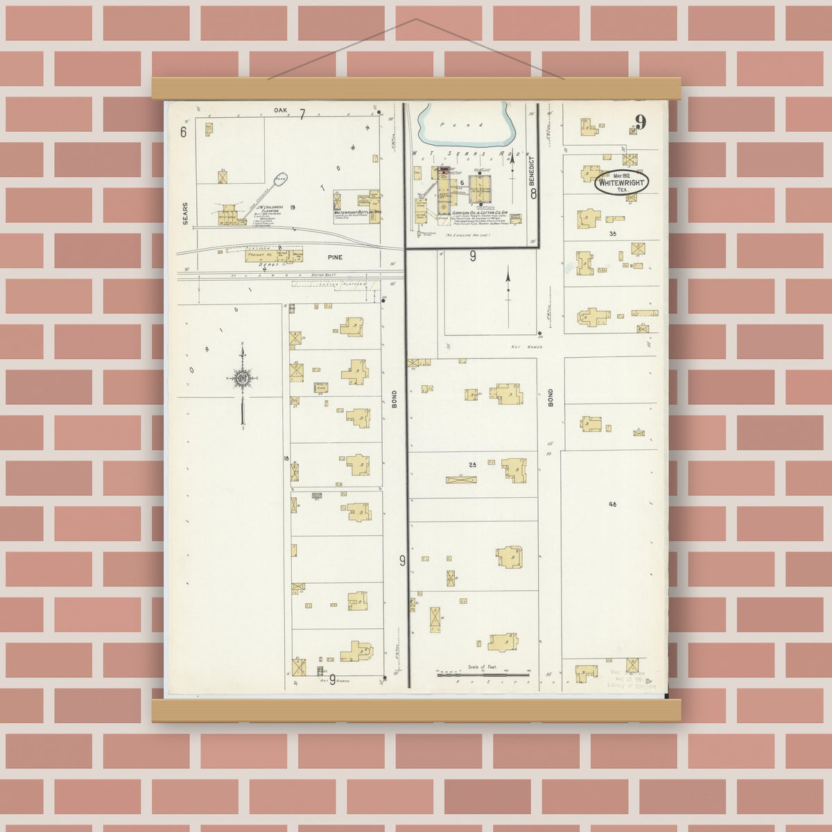 Old map wall art mockup — magnetic wood frame on brick wall — Sanborn Fire Insurance Map from Whitewright, Grayson County, Texas (1912), Sheet #0009