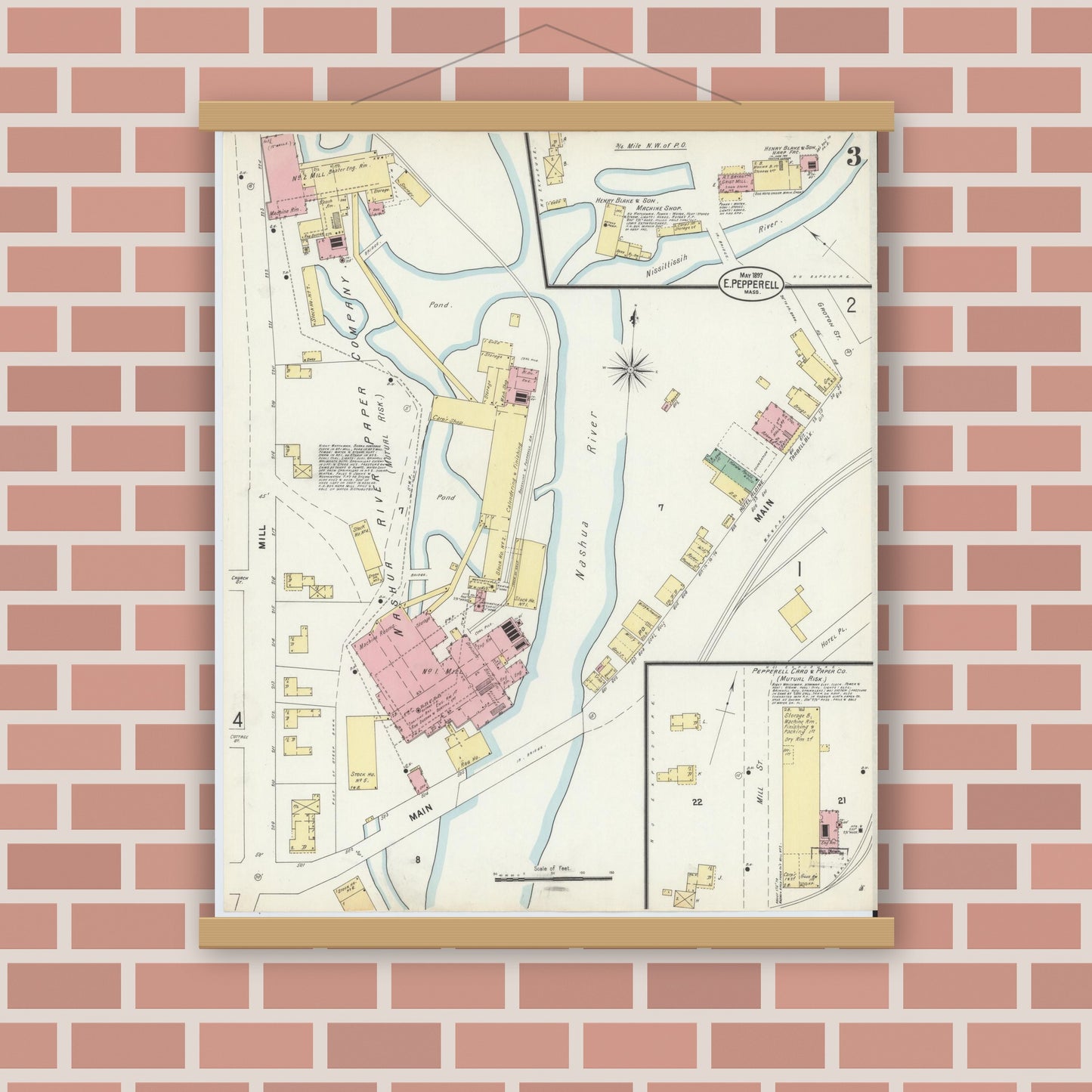 Old map wall art mockup — magnetic wood frame on brick wall — Sanborn Fire Insurance Map from East Pepperell, Middlesex County, Massachusetts (1897), Sheet #0003