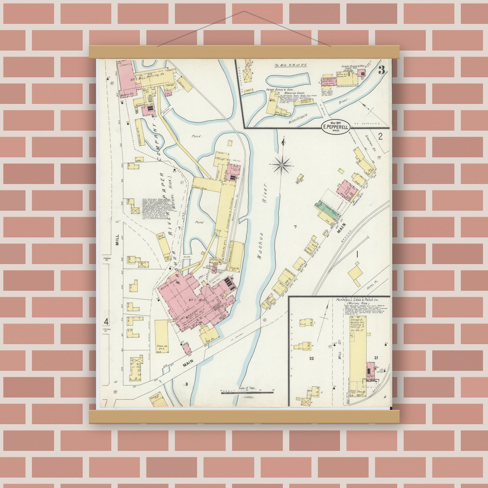Old map wall art mockup — magnetic wood frame on brick wall — Sanborn Fire Insurance Map from East Pepperell, Middlesex County, Massachusetts (1897), Sheet #0003