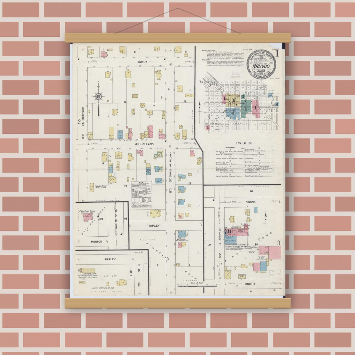 Old map wall art mockup — magnetic wood frame on brick wall — Sanborn Fire Insurance Map from Nauvoo, Hancock County, Illinois (1912) - Complete Map Set