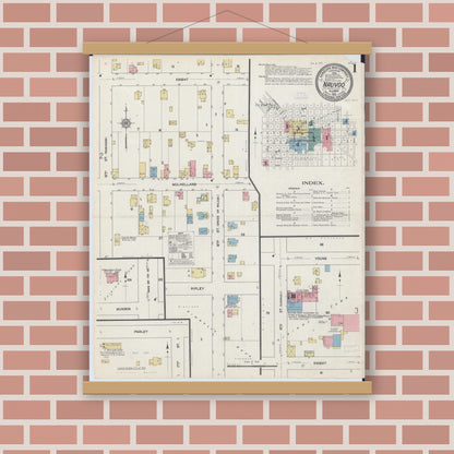 Old map wall art mockup — magnetic wood frame on brick wall — Sanborn Fire Insurance Map from Nauvoo, Hancock County, Illinois (1912) - Complete Map Set