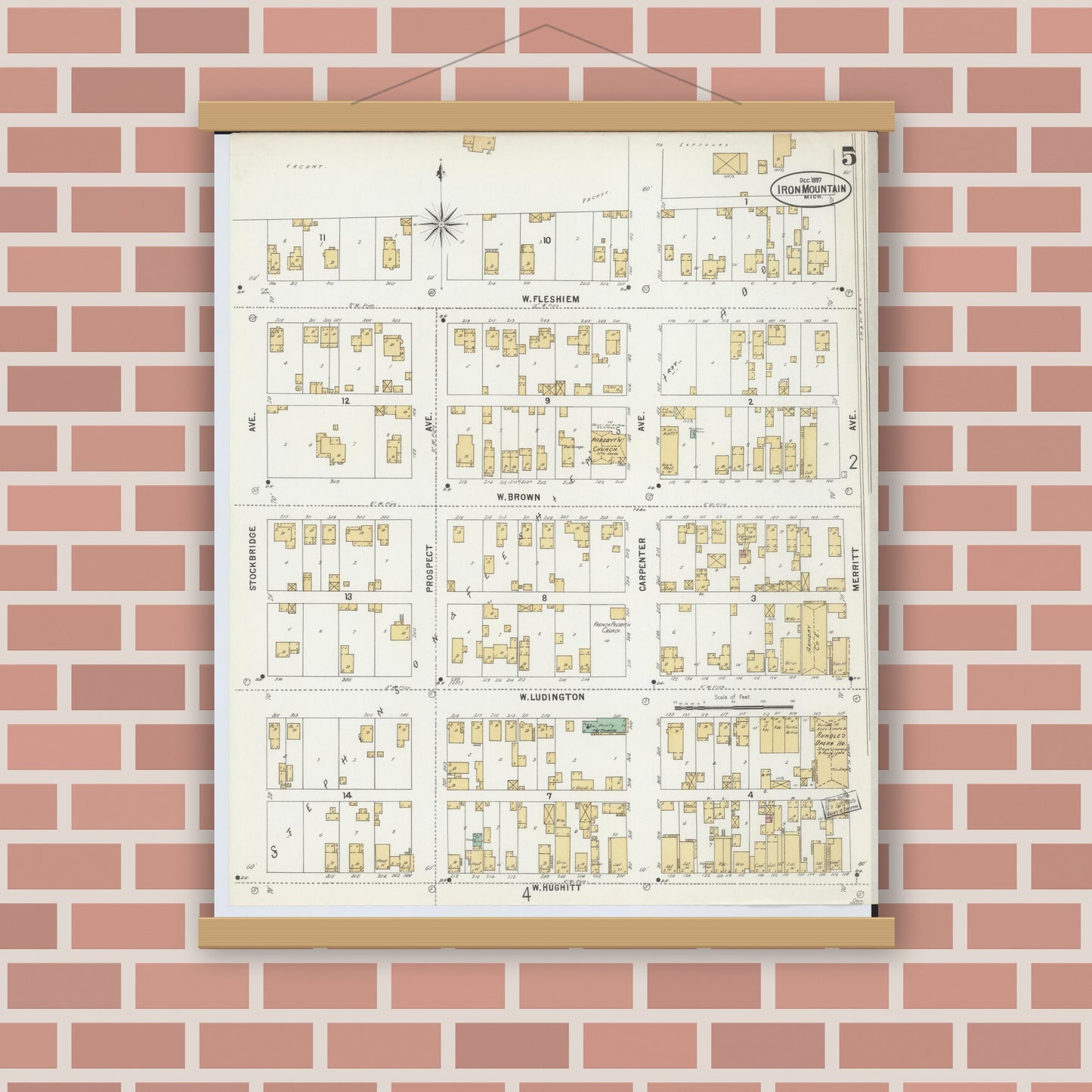 Old map wall art mockup — magnetic wood frame on brick wall — Sanborn Fire Insurance Map from Iron Mountain, Dickinson County, Michigan (1897), Sheet #0005