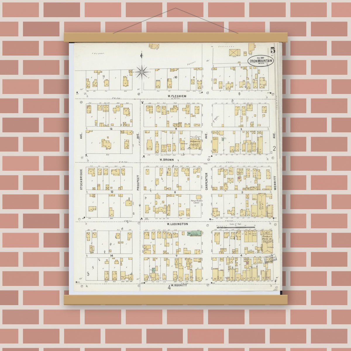 Old map wall art mockup — magnetic wood frame on brick wall — Sanborn Fire Insurance Map from Iron Mountain, Dickinson County, Michigan (1897), Sheet #0005
