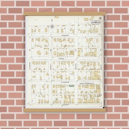 Old map wall art mockup — magnetic wood frame on brick wall — Sanborn Fire Insurance Map from Iron Mountain, Dickinson County, Michigan (1897), Sheet #0005