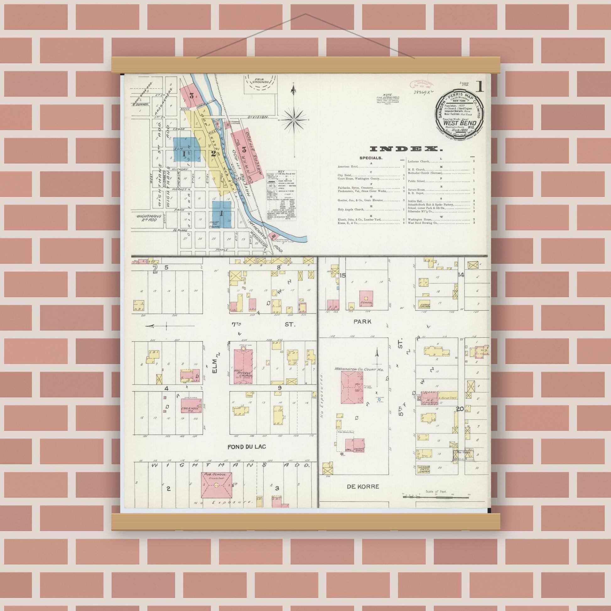 Old map wall art mockup — magnetic wood frame on brick wall — Sanborn Fire Insurance Map from West Bend, Washington County, Wisconsin (1892) - Complete Map Set