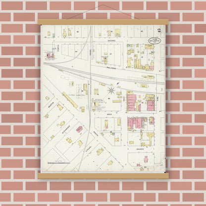 Old map wall art mockup — magnetic wood frame on brick wall — Sanborn Fire Insurance Map from Atlanta, Logan County, Illinois (1898), Sheet #0002