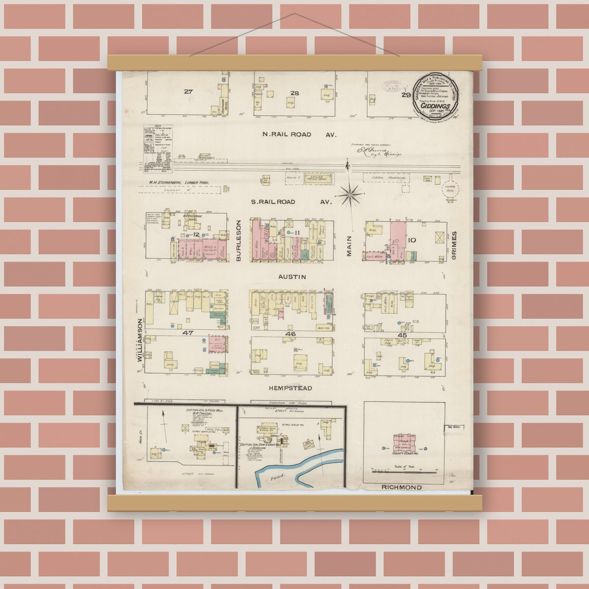 Old map wall art mockup — magnetic wood frame on brick wall — Sanborn Fire Insurance Map from Giddings, Lee County, Texas (1885), Sheet #0001