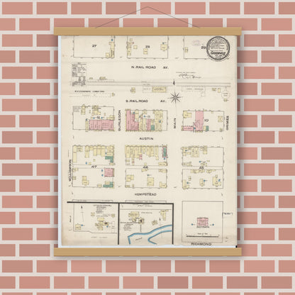 Old map wall art mockup — magnetic wood frame on brick wall — Sanborn Fire Insurance Map from Giddings, Lee County, Texas (1885), Sheet #0001