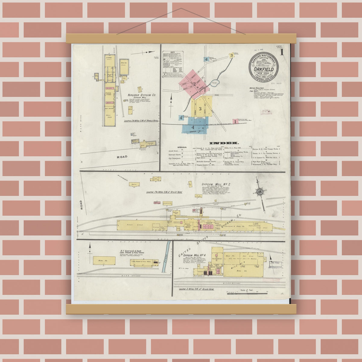 Old map wall art mockup — magnetic wood frame on brick wall — Sanborn Fire Insurance Map from Oakfield, Genesee County, New York (1910) - Complete Map Set