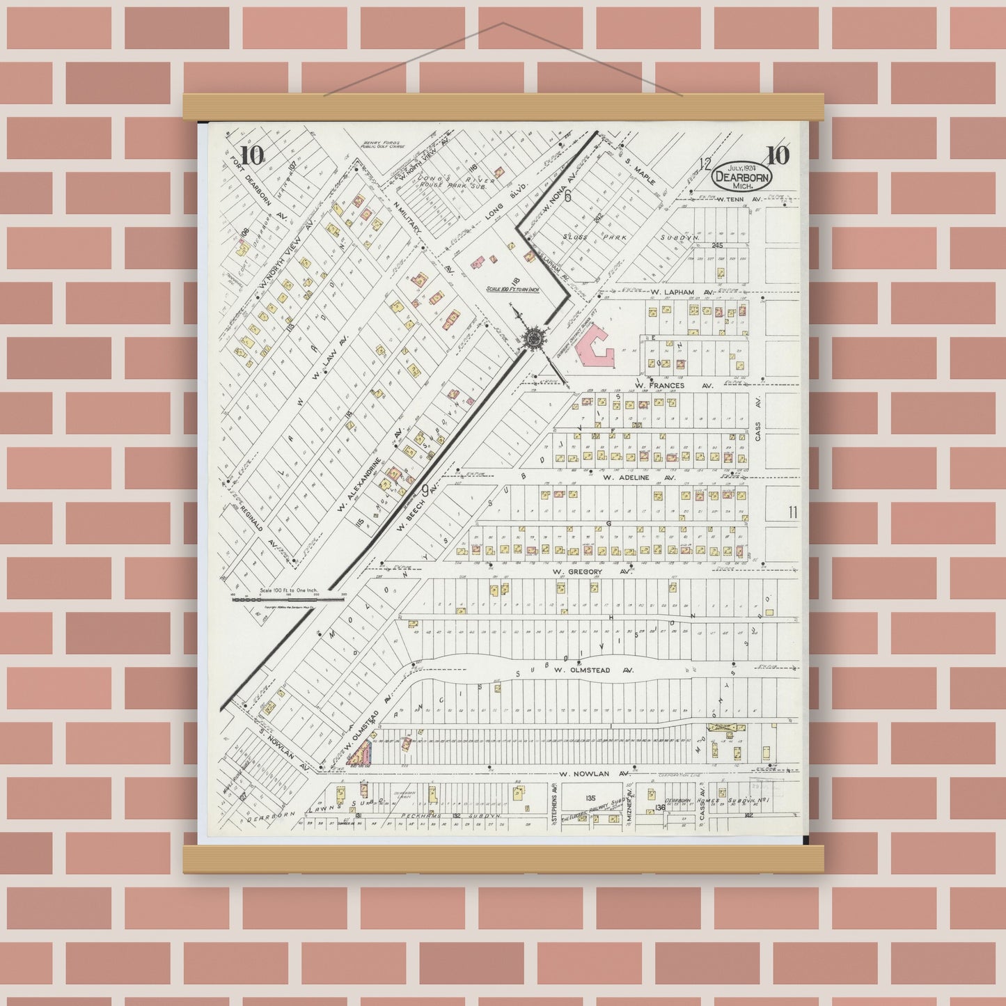 Old map wall art mockup — magnetic wood frame on brick wall — Sanborn Fire Insurance Map from Dearborn, Wayne County, Michigan (1924), Sheet #0010