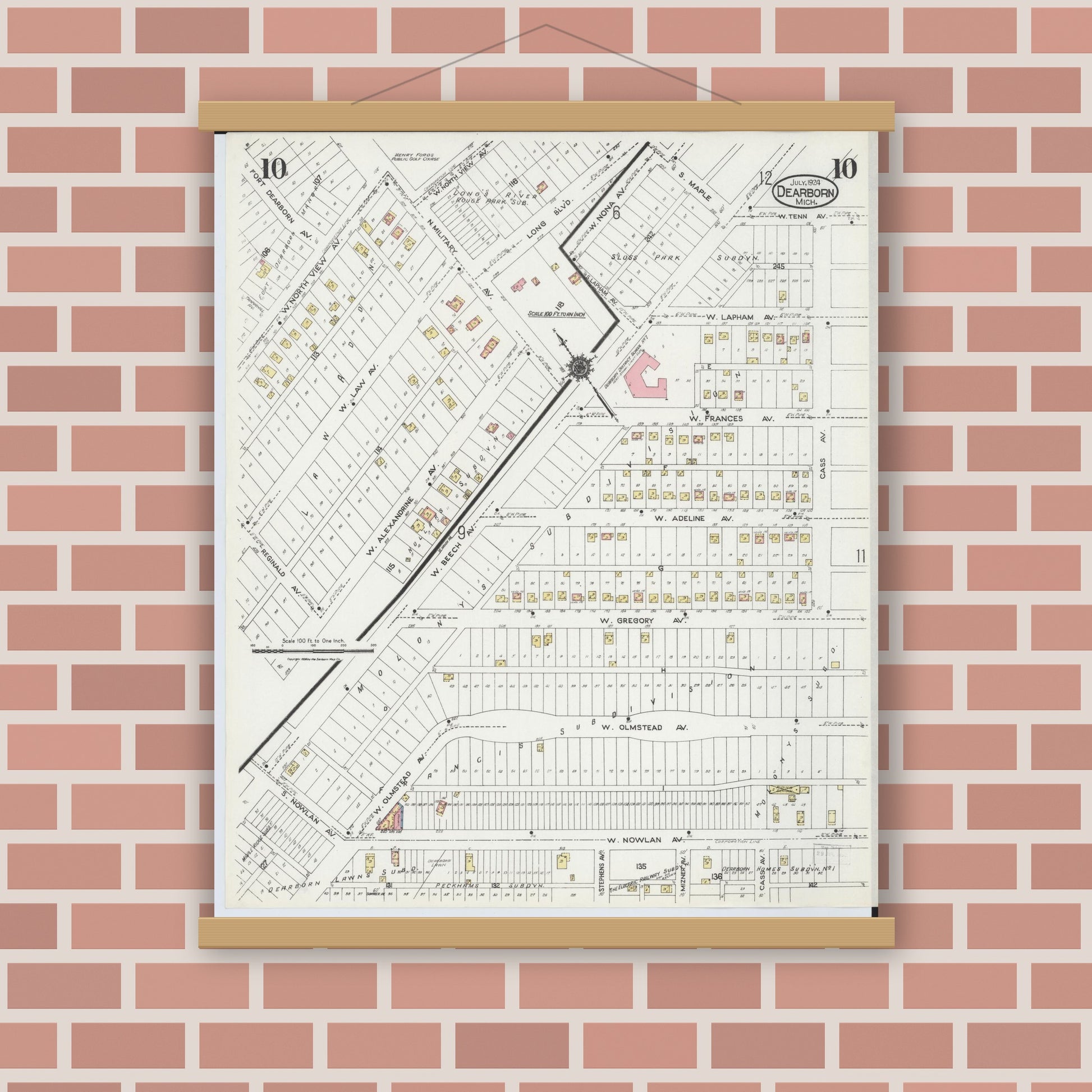 Old map wall art mockup — magnetic wood frame on brick wall — Sanborn Fire Insurance Map from Dearborn, Wayne County, Michigan (1924), Sheet #0010