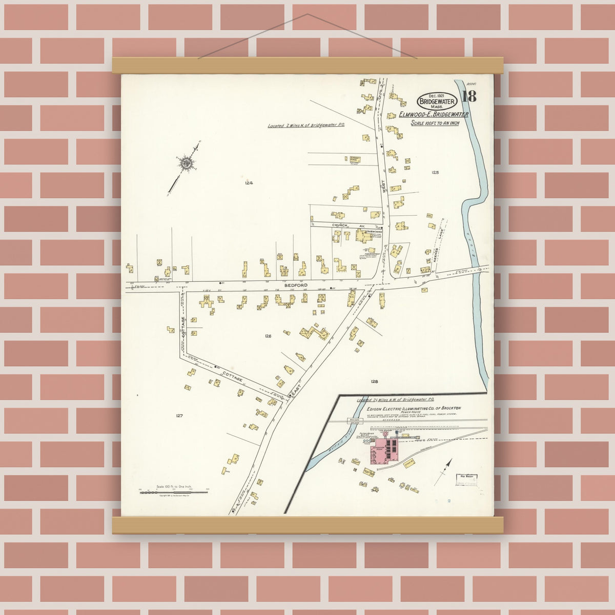 Old map wall art mockup — magnetic wood frame on brick wall — Sanborn Fire Insurance Map from Bridgewater, Plymouth County, Massachusetts (1921), Sheet #0018
