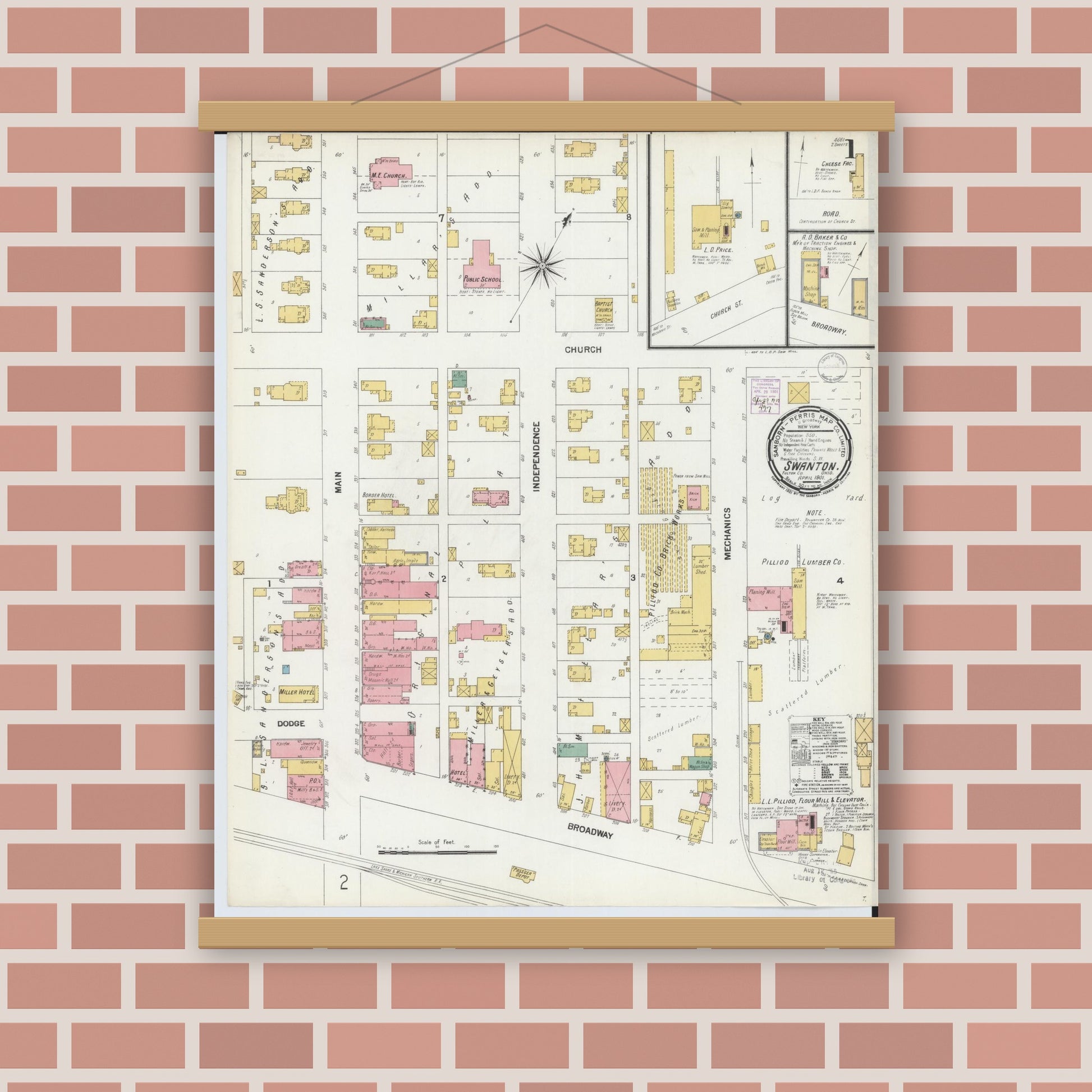 Old map wall art mockup — magnetic wood frame on brick wall — Sanborn Fire Insurance Map from Swanton, Fulton County, Ohio (1901) - Complete Map Set