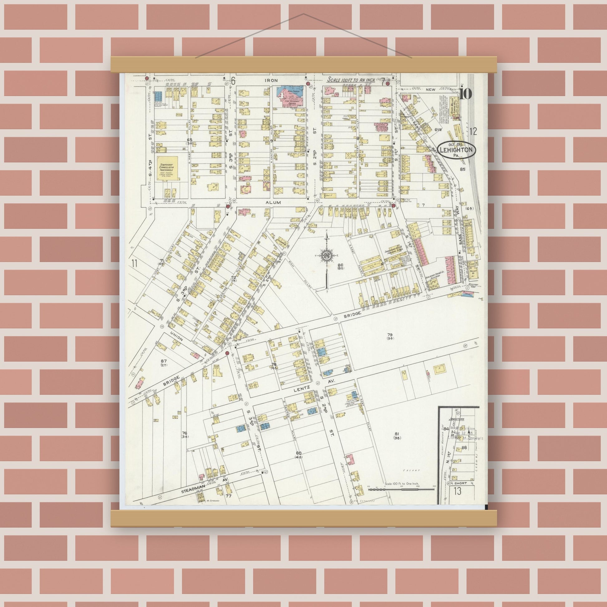 Old map wall art mockup — magnetic wood frame on brick wall — Sanborn Fire Insurance Map from Lehighton, Carbon County, Pennsylvania (1915), Sheet #0010