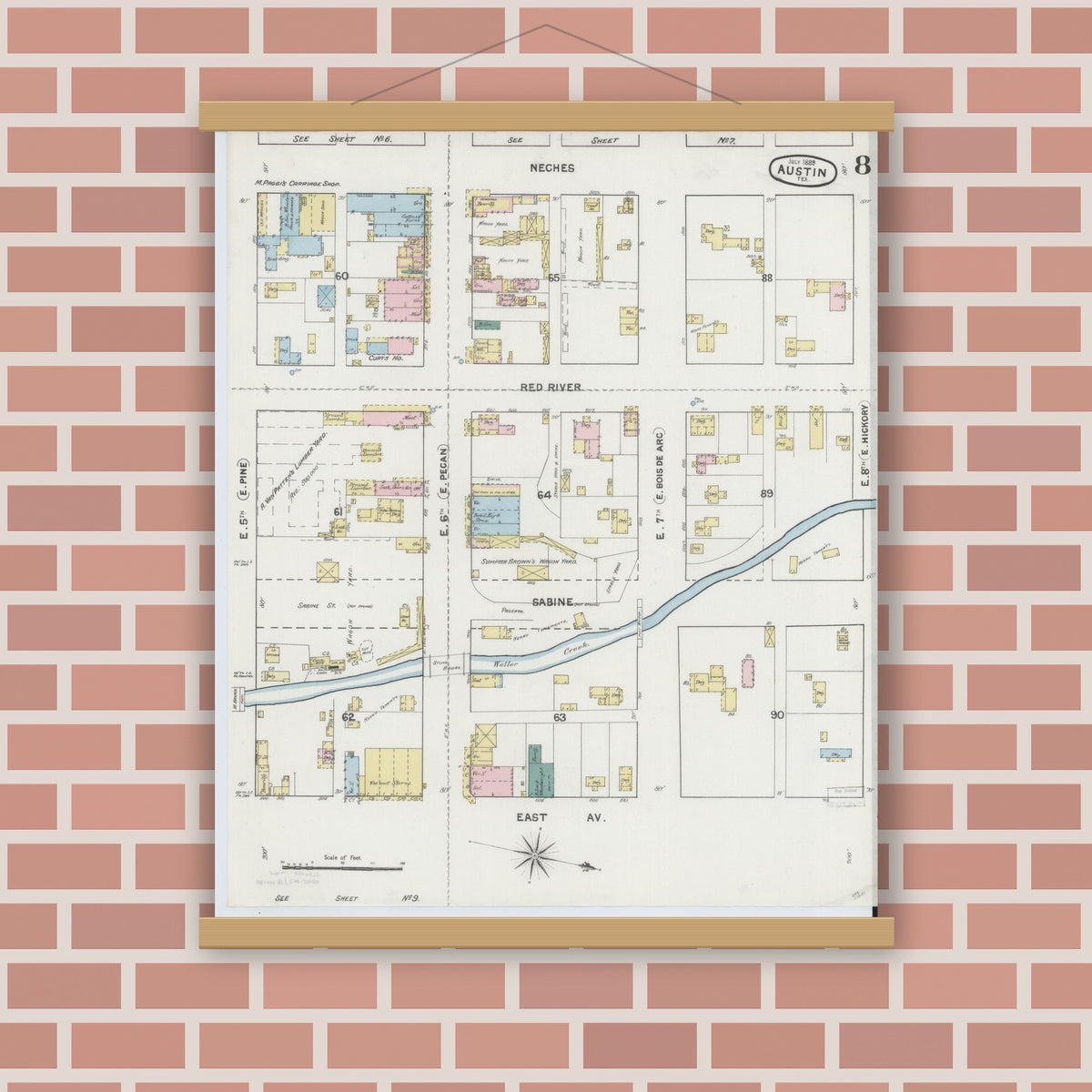 Old map wall art mockup — magnetic wood frame on brick wall — Sanborn Fire Insurance Map from Austin, Travis County, Texas (1889), Sheet #0008