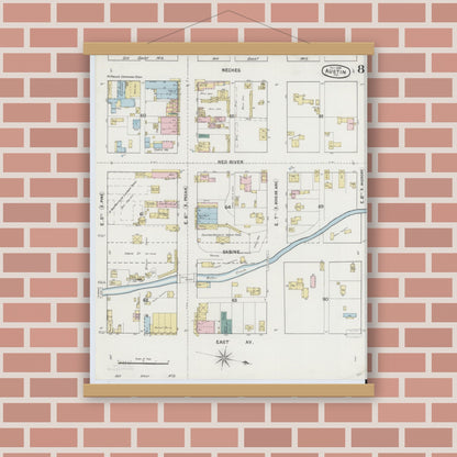 Old map wall art mockup — magnetic wood frame on brick wall — Sanborn Fire Insurance Map from Austin, Travis County, Texas (1889), Sheet #0008