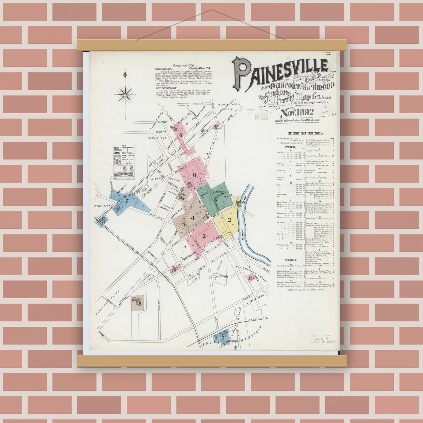 Old map wall art mockup — magnetic wood frame on brick wall — Sanborn Fire Insurance Map from Painesville, Lake County, Ohio (1892), Sheet #0001
