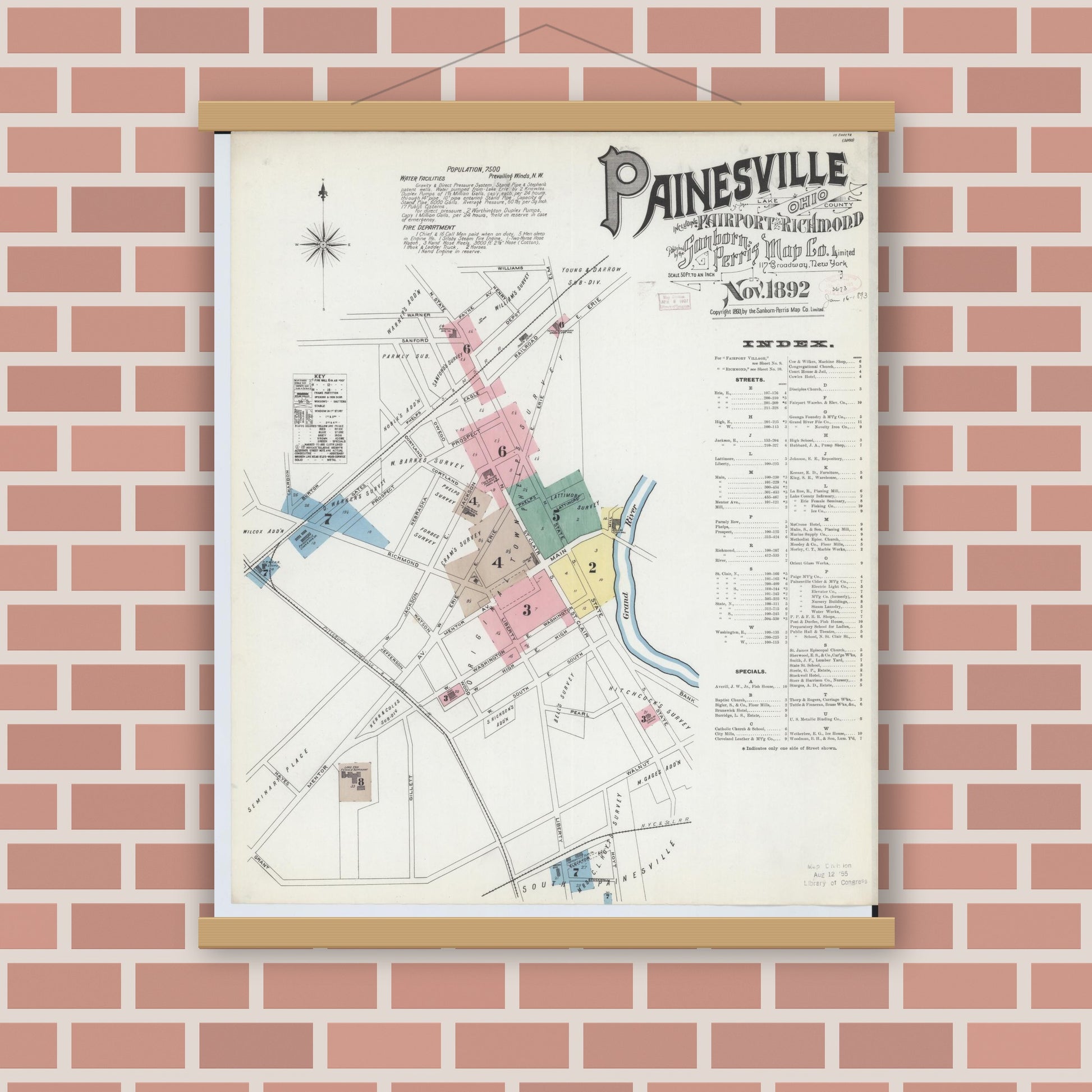 Old map wall art mockup — magnetic wood frame on brick wall — Sanborn Fire Insurance Map from Painesville, Lake County, Ohio (1892), Sheet #0001