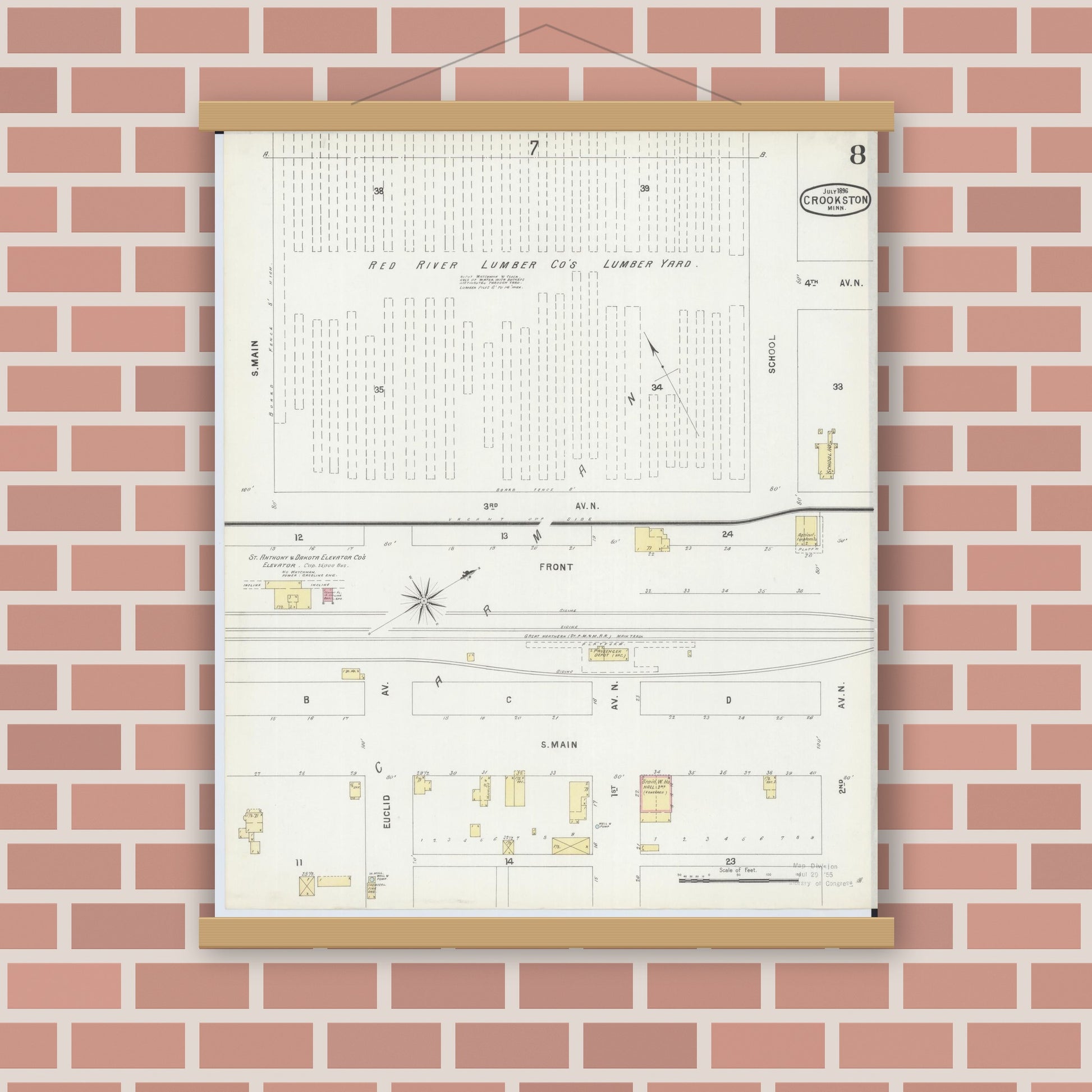 Old map wall art mockup — magnetic wood frame on brick wall — Sanborn Fire Insurance Map from Crookston, Polk County, Minnesota (1896), Sheet #0008