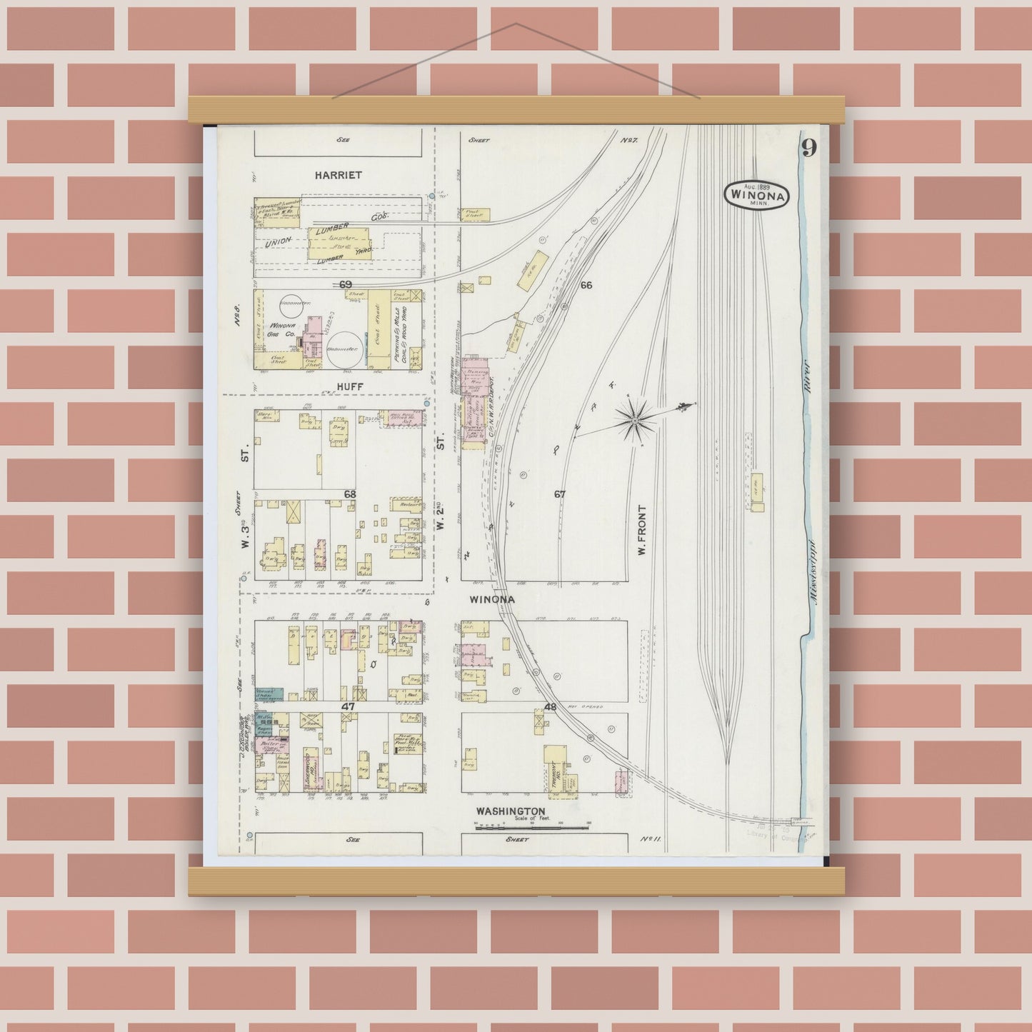 Old map wall art mockup — magnetic wood frame on brick wall — Sanborn Fire Insurance Map from Winona, Winona County, Minnesota (1889), Sheet #0009