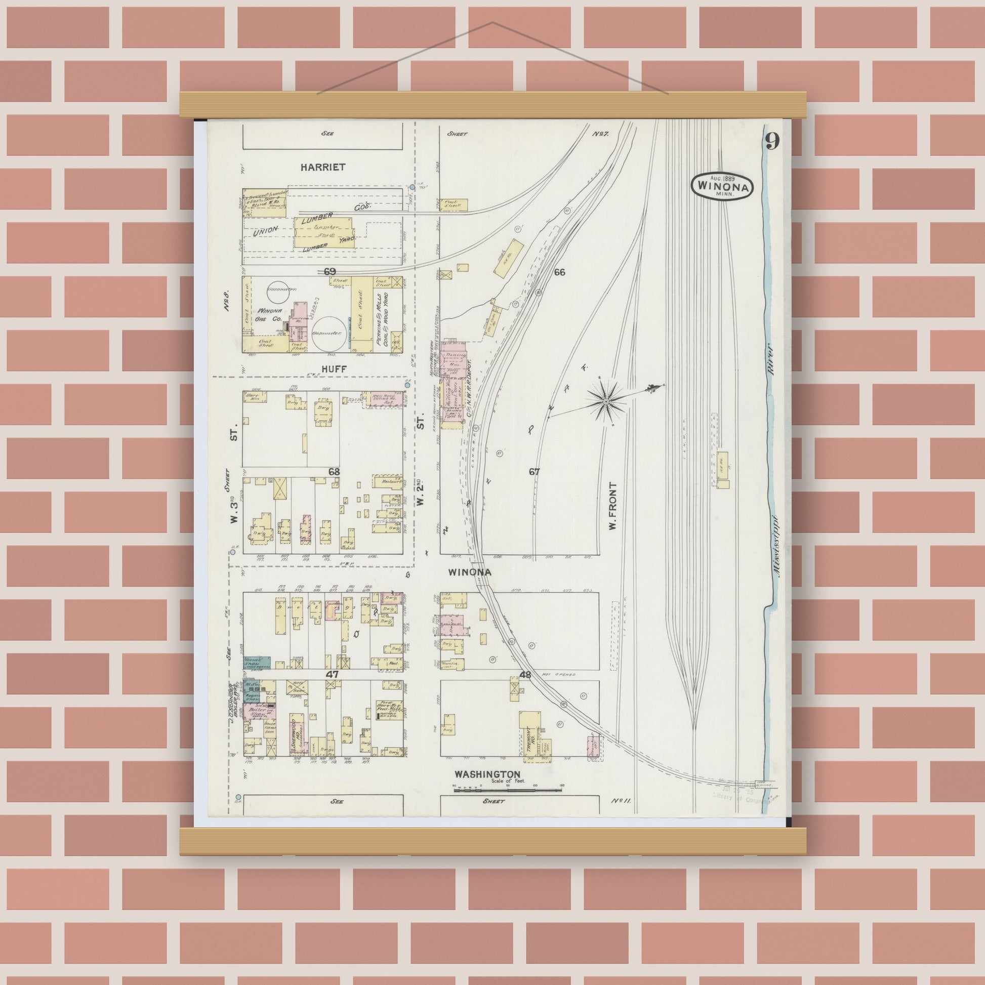 Old map wall art mockup — magnetic wood frame on brick wall — Sanborn Fire Insurance Map from Winona, Winona County, Minnesota (1889), Sheet #0009