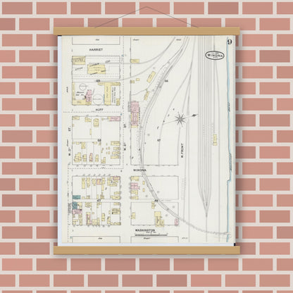 Old map wall art mockup — magnetic wood frame on brick wall — Sanborn Fire Insurance Map from Winona, Winona County, Minnesota (1889), Sheet #0009