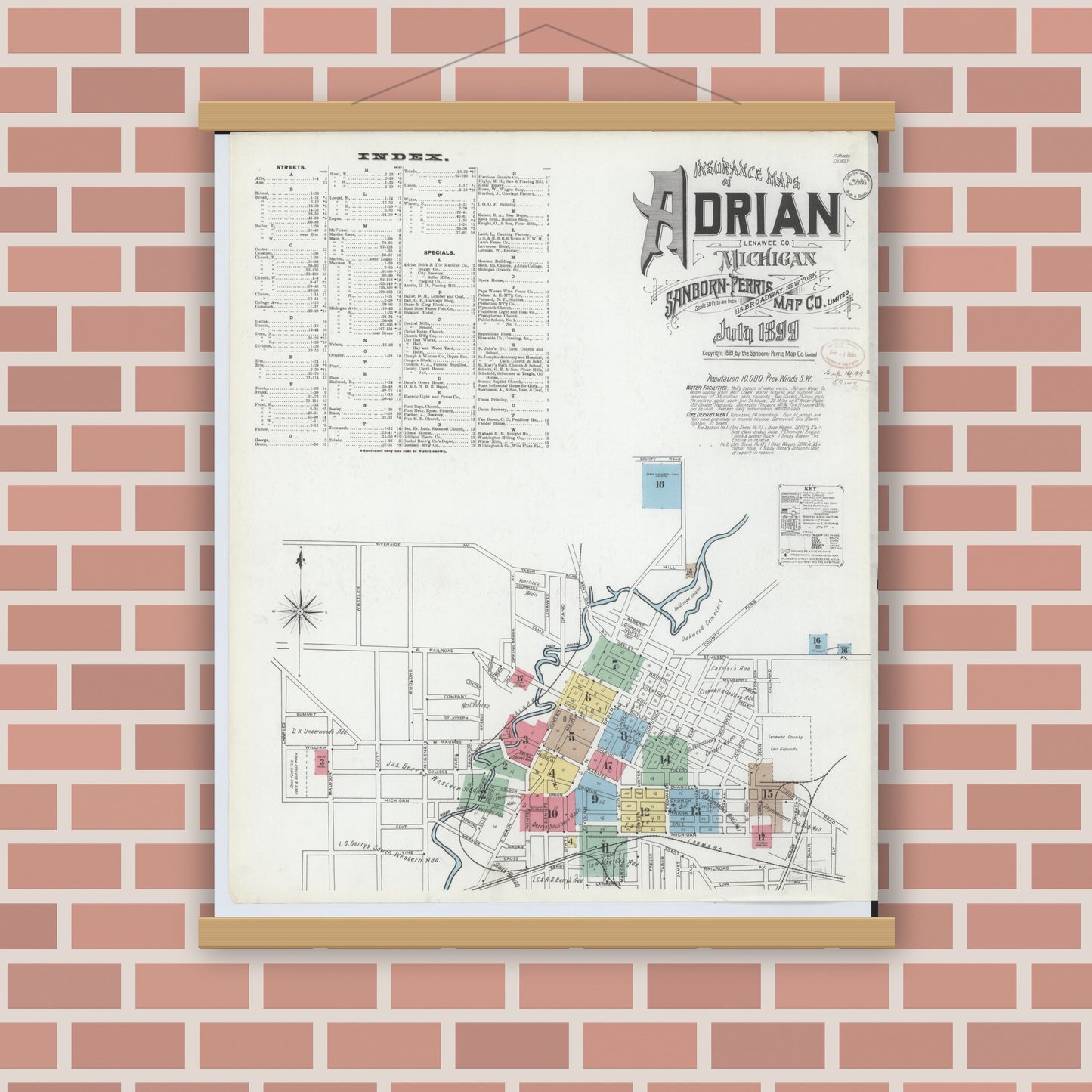 Old map wall art mockup — magnetic wood frame on brick wall — Sanborn Fire Insurance Map from Adrian, Lenawee County, Michigan (1899), Sheet #0001